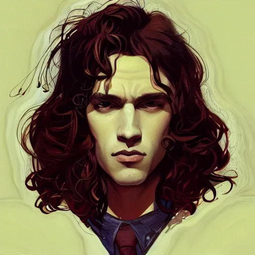 Prompt: in the style of Joshua Middleton art, beautiful young punk rock man, long curly brown hair, symmetrical face, concept art, warm lighting, painting