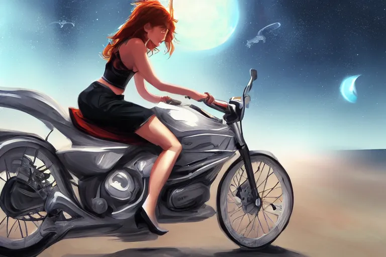 Image similar to a girl is riding a motorbike, digital painting, artstation, the space background,concept art, illustration,