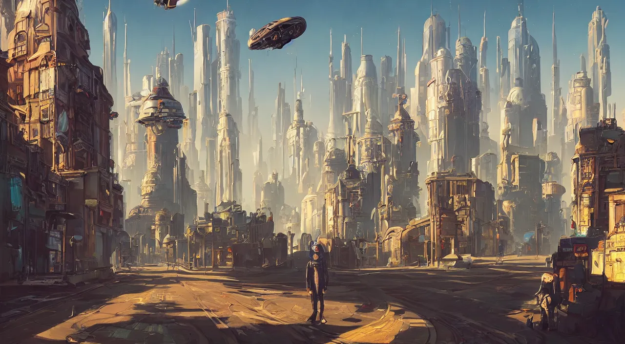 Image similar to a street level painting towards the horizon with high detail, sci - fi colorful victorian city with a victorian astronaut in the foreground at noon with sharp shadows by tyler edlin and sparth, wide angle lens, 4 k, vray, art nouveau influences. roger deakins, cinematic cinematography.