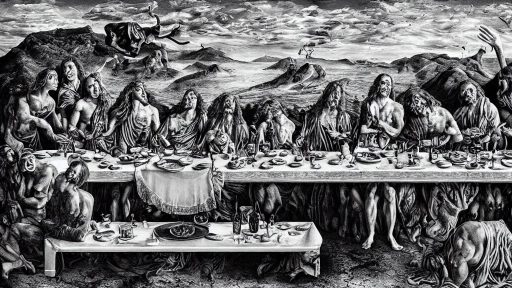 Image similar to the newest masterpiece of salvador dali inspired by dan hillier, it is called ; the last supper