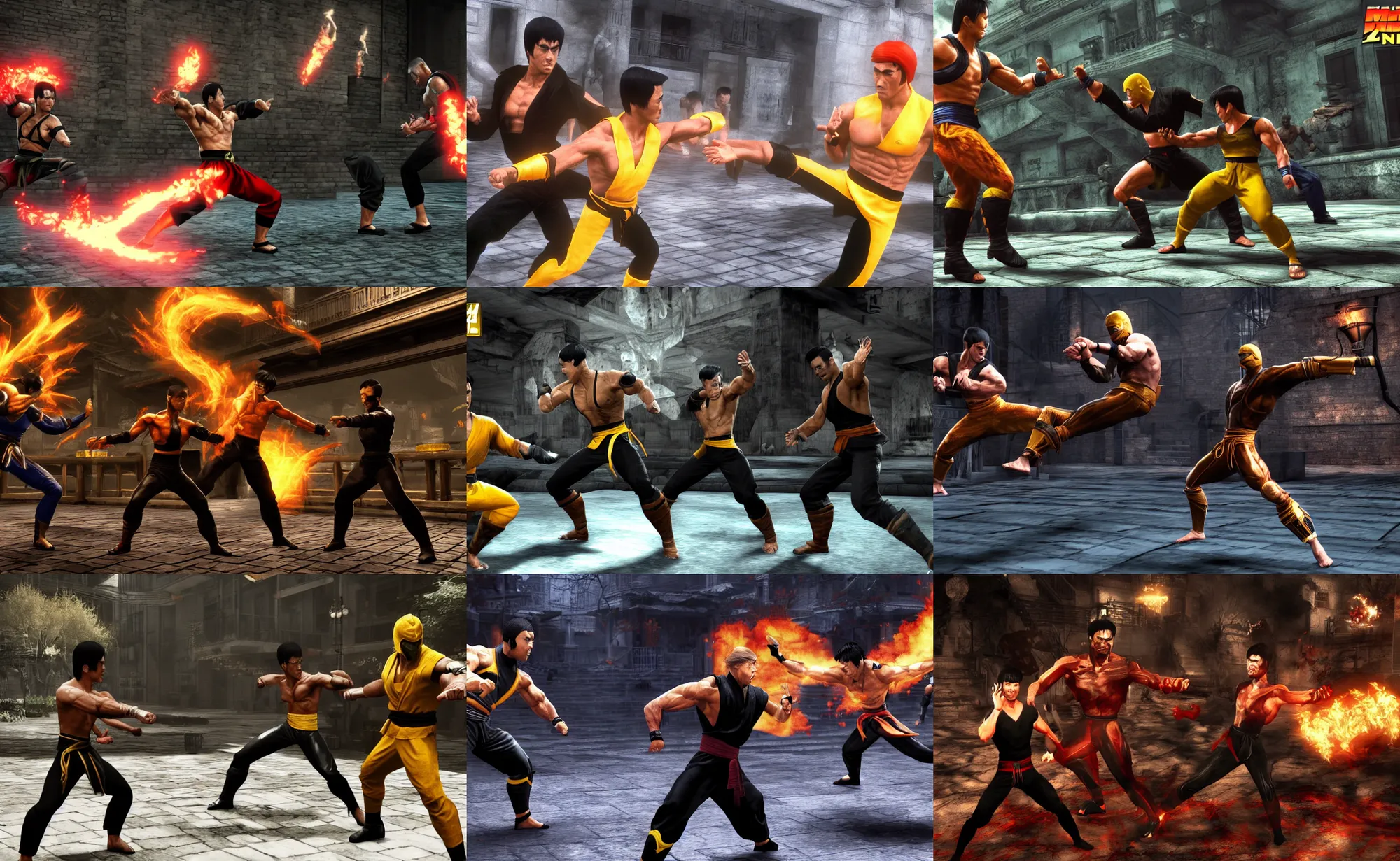 Prompt: Mortal Kombat screenshot, with Bruce Lee vs Trump, videogame, 3D render, 4K, digital art