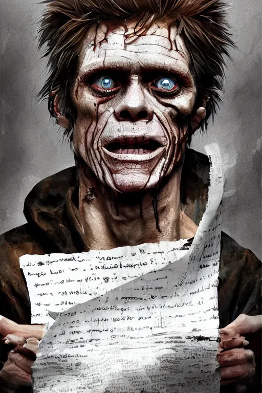 Prompt: A deranged tiny filthy man looking like Willem Dafoe wearing long dark damaged ripped robes showing a magic paper scroll, camera looking down upon, long fingernails, unclipped fingernails, sharp fingernails, focus on face, sharp focus, digital painting, trending on artstation, concept art, fantasy, medieval