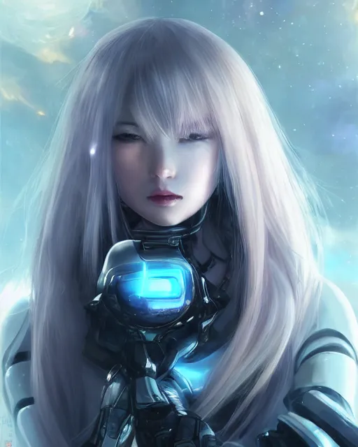 Image similar to perfect android girl family, full body character design, warframe armor, beautiful face, scifi, futuristic, galaxy, nebula, bae suzy, dreamy, long white hair!!!, blue cyborg eyes, sharp focus, cinematic lighting, highly detailed, artstation, divine, by gauthier leblanc, kazuya takahashi, huifeng huang