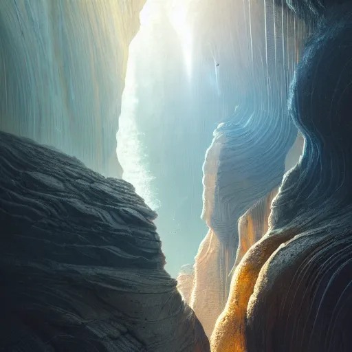 Prompt: light is mine to travel,beyond time ,the cathedrals in a canyon grotto of life the beginning , geological strata,ground mist, falling water,pools of water, by Sparth and Greg Rutkowski, hypermaximalist,micro details, 3d sculpture,,digital rendering,octane render , 4k, artstation, concept art , f22,deep depth of field,photographic, wide angle,cinematic lighting