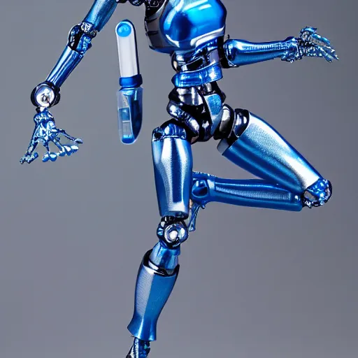 Prompt: studio photography of a translucent blue cyborg anime girl action figure with chromed cybernetics inside her body, chogokin, microman, micronauts