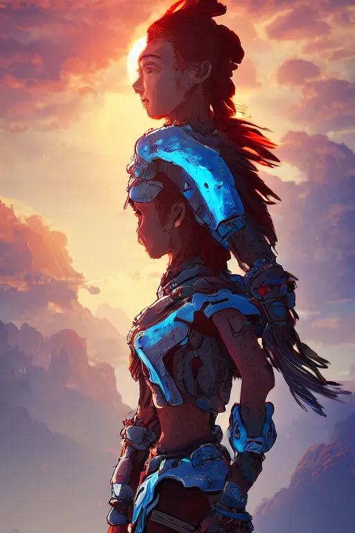 Image similar to combination suit armor aloy horizon forbidden west horizon zero dawn radiating a glowing aura global illumination ray tracing hdr fanart arstation by ian pesty and alena aenami artworks in 4 k tribal robot ninja mask helmet backpack