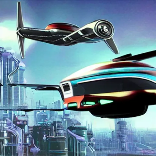 Image similar to flying car over the cyber city, retro future style