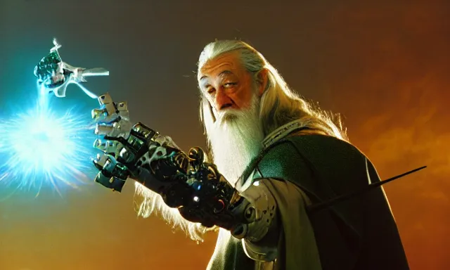 Prompt: cyber - gandalf with large robotic arm battling the balrog epic 3 5 mm photograph