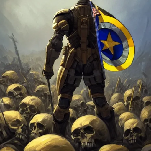 Image similar to a full body shot from distance from behind of a super soldier with a yellow and blue flag standing on a huge pile of skulls in triumph after battle, western, D&D, fantasy, intricate, elegant, highly detailed, digital painting, artstation, concept art, matte, sharp focus, symmetrical, illustration, art by Artgerm and Greg Rutkowski and Alphonse Mucha