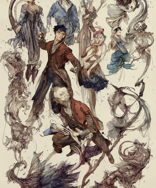 Prompt: 1700s lithograph page color pen and ink and pencil sketch character concept design game asset of sketches watercolor of Art Nouveau borders and designs by Stanley Artgerm Lau, WLOP, Rossdraws, James Jean, Andrei Riabovitchev, Marc Simonetti, and Sakimichan, tranding on artstation , assets, character design, tending on pinterest, trending on cgtalk, trending on concept art, trending on character design