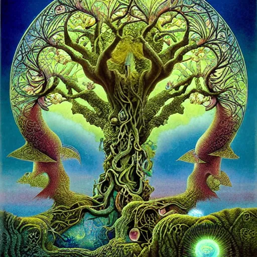 Prompt: sacred mulberry tree by roger dean and andrew ferez, art forms of nature by ernst haeckel, divine chaos engine, symbolist, visionary, art nouveau, botanical fractal structures, tree of life, lightning bolts, detailed, realistic, surreality