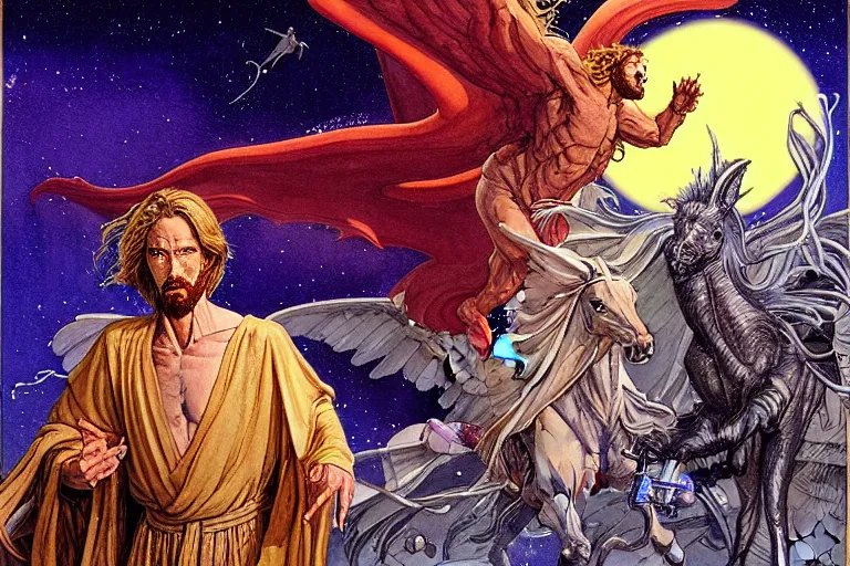 Image similar to a hyperrealist watercolour character concept art portrait of science fiction poster, jesus vs an alien, winged pegasus, giant creature in background, detailed, well lit night in las vegas, nevada. by rebecca guay, michael kaluta, charles vess and jean moebius giraud