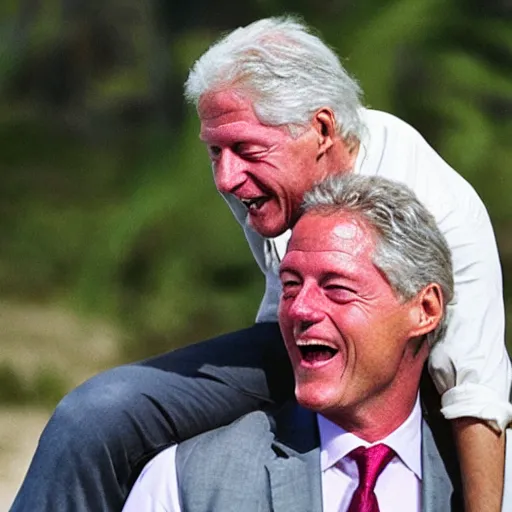 Image similar to bill clinton laughing hysterically while piggyback riding jeffrey epstein on an island, hyper realistic