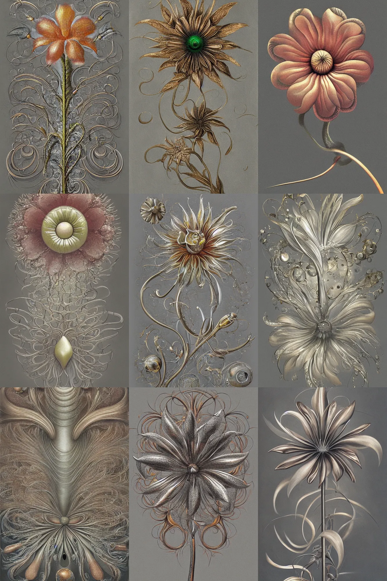 Prompt: a painting of a metallic flower on a gray background, an airbrush painting by Earnst Haeckel, trending on zbrush central, cloisonnism, high detail, detailed painting, biomorphic