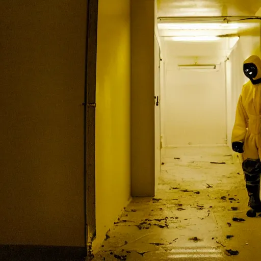 Image similar to a man wearing a yellow hazmat suit inside the very dark lighting empty unsettling creepy backrooms, liminal space, eerie mood, horror movie scene