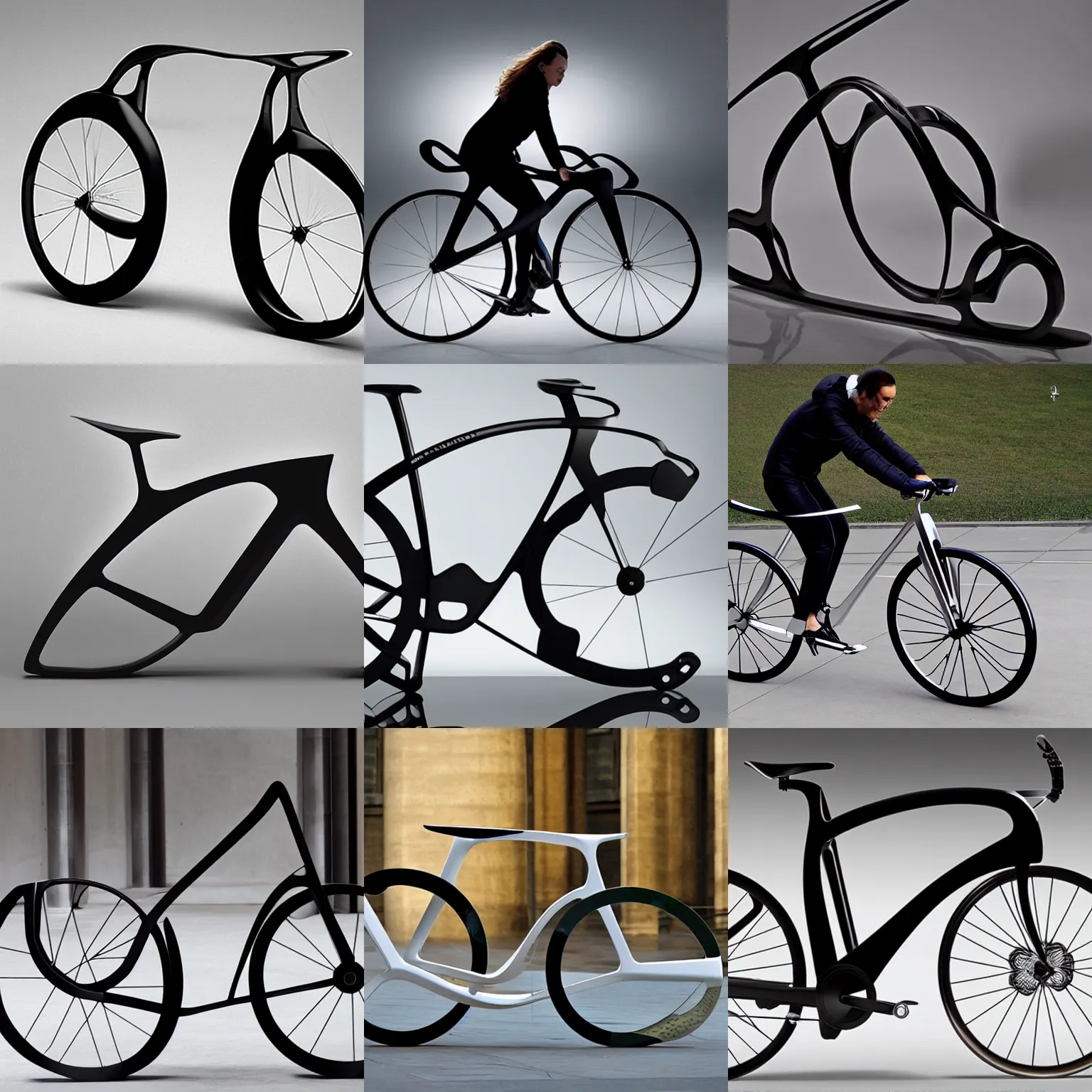 Prompt: Bicycle designed by Zaha Hadid