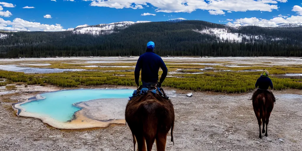 Image similar to hiker riding moose in yellowstone with prismatic spring in background