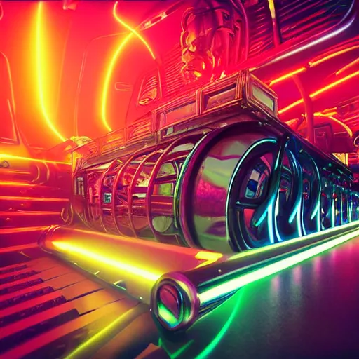 Image similar to album cover, album is called tripmachine, tripmachine, photo of a huge dieselpunk machine with guitars and drums and pianos, connected with glowing tubes 8 k, fluorescent colors, halluzinogenic, multicolored, exaggerated detailed, front shot, 3 d render, octane