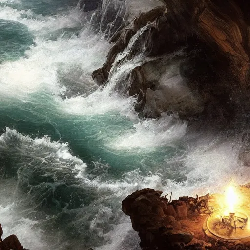 Prompt: an eerie whirlpool, seen from above, in a cavematte painting, fantasy art, by greg rutkowski, by andreas achenbach,