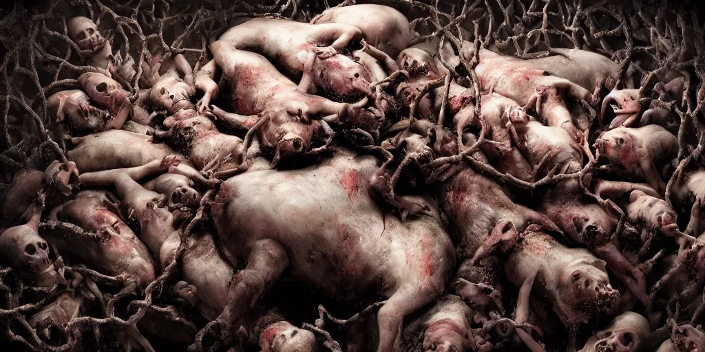 Prompt: a highly detailed realistic photographic render of swarm of corpses worshipping a severed head of a pig with crown of thorns , dead souls, religious sculpture, creepy, cinematic lighting, cinematic scene, Volumetric lighting, Atmospheric scene, Dark, Horror, Atmospheric lighting, Global illumination, realistic, photo realism, hyper realistic, hyper realism, photo realisitc, cinematic render, film, beautifully lit, ray traced, octane 3D render, octane render, unreal engine