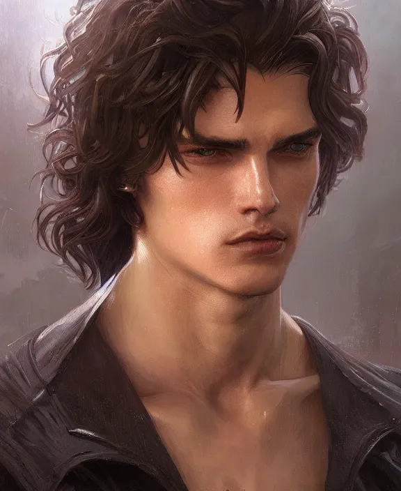 Image similar to portrait close up of young guy, concentrated look at the camera, symmetry, d & d, fantasy, intricate, elegant, highly detailed, digital painting, artstation, concept art, art by artgerm and greg rutkowski and alphonse mucha, boris vallejo