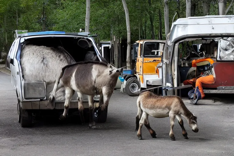 Image similar to automobile driver compartment towed by donkey, scavenger world, medium shot photograph