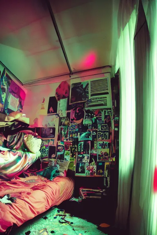 Image similar to agfa vista 4 0 0 photograph of a cluttered 9 0 s teenagers goth punk rock bedroom, synth vibe, vaporwave colors, lens flare, moody lighting, moody vibe, telephoto, 9 0 s vibe, blurry background, grain, tranquil, calm, faded!,