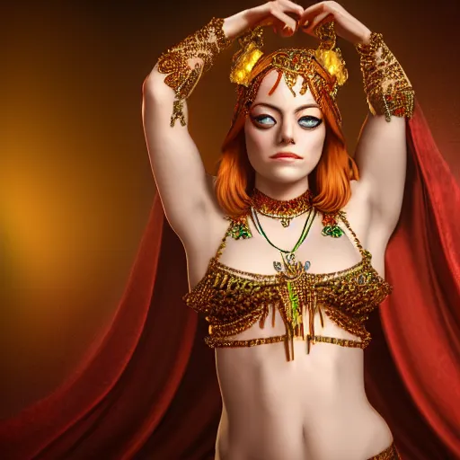 Image similar to a photorealistic portrait of actress emma stone dressed as a belly dancer, arabian night, volumetric lightening, octane render, high quality, fully detailed, 4 k, in focus sharp face with fine details, inspired by belly dancer on youtube, alphonse mucha, masterpiece, stunning