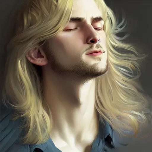 Image similar to Blond Lucius with closed eyes smiling, very detailed sharp angular masculine face, hooked nose and square jaw, long fluffy curly blond hair, light blond hair, NO BEARD, gorgeous, beautiful, intricate, highly detailed, digital painting, artstation, concept art, sharp focus, illustration, art by greg rutkowski and alphonse mucha