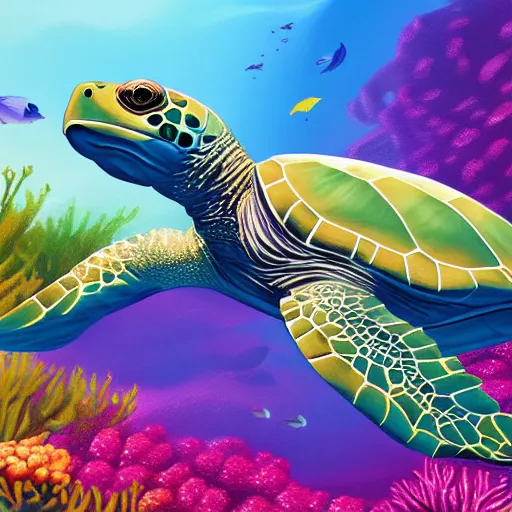 Image similar to a beautiful stunning fantasy whimsical matte digital illustration of a light-green sea turtle swimming over an red-orange coral reef through blue-violet waters, triadic color palette, painted in the style of National Geographic, trending on artstation hq