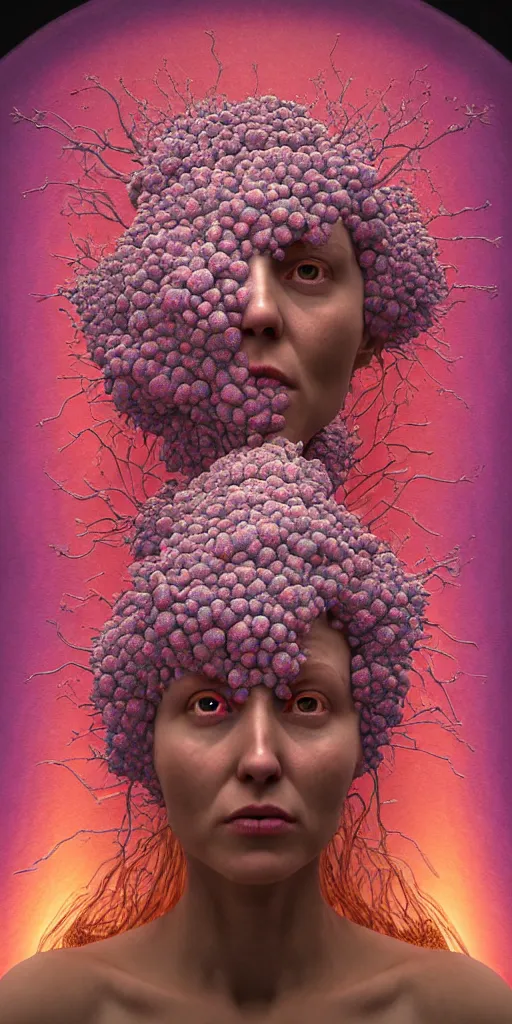 Prompt: hyper detailed 3d render like a Oil painting - portrait sculpt of Aurora (Singer) seen in mascara Eating of the Strangling network of yellowcake aerochrome and milky Fruit that covers her body and Her delicate Hands hold of gossamer polyp blossoms bring iridescent fungal flowers whose spores black the foolish stars by Jacek Yerka, Mariusz Lewandowski, Houdini algorithmic generative render, Abstract brush strokes, Masterpiece, Edward Hopper and James Gilleard, Zdzislaw Beksinski, Mark Ryden, Wolfgang Lettl, hints of Yayoi Kasuma, octane render, 8k