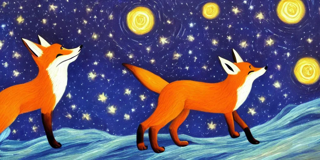 Image similar to a painting of a fox looking up at the stars in the style of Starry Night, highly detailed, trending on artstation