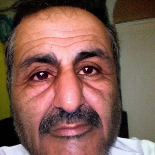 Image similar to my Kurdish dad accidentally taking a selfie with the front camera, squinting because the camera flash is so bright in his face