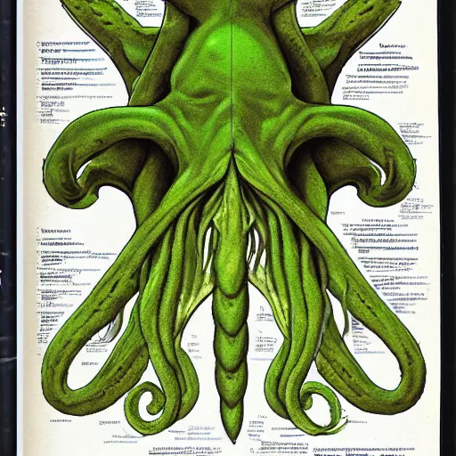 Image similar to cthulhu cross section scientific illustration biology book, highly detailed