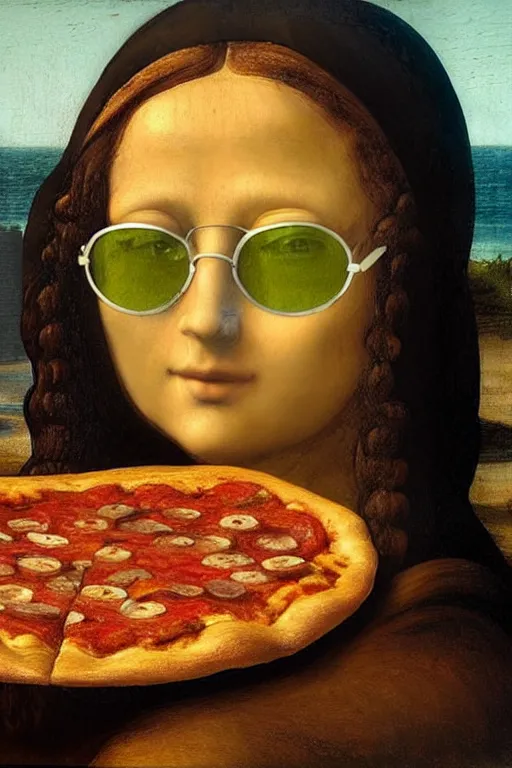 Prompt: a young woman wearing sunglasses is sitting on the beach esting eating eating eating chewing chew chewing chewing!!!!!! a big slice of pizza pizza pizza!, looks like mona lisa, sharp focus, hyper realistic, soft colors, centered, insanely detailed, wide shot, a painting by leonardo da vinci