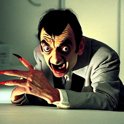 Image similar to mr. bean as freddie krueger. movie still. cinematic lighting.