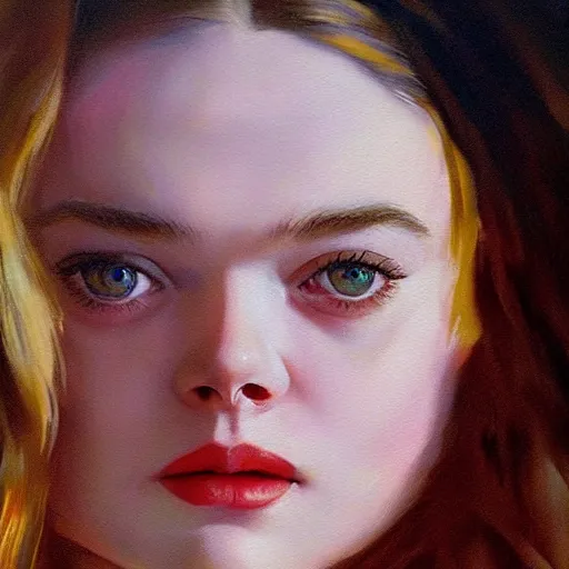 Image similar to ultra realistic portrait painting of elle fanning in euphoria, art by frank frazetta, 4 k, ultra realistic, highly detailed, epic lighting