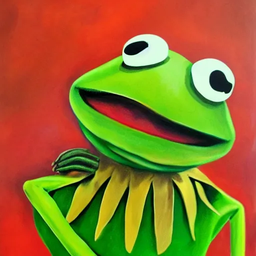 Image similar to portrait of kermit the frog with salvadore dali mustache, expressive oil painting