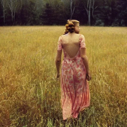 Image similar to a closeup of a woman's back in a countryside, Andrei Tarkovsky film style, photography, 1970s