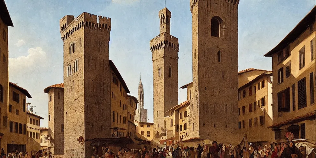 Prompt: florence old street in 1 6 th century with a tower in background, by hiroshi yoshida, trending on artstation