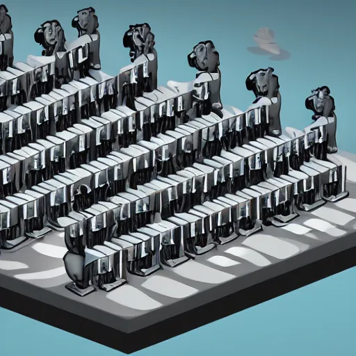 Prompt: ultrarealistic photo of an infinite number of monkeys sitting at desks typing on an infinite number of typewriters. Their desks are in even rows going off to infinity. isometric view. unreal engine.