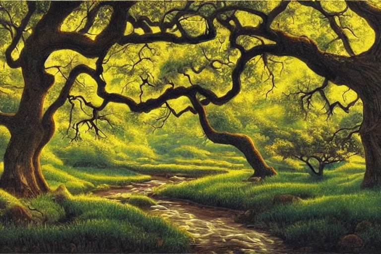 Prompt: masterpiece painting of oak trees on a hillside overlooking a creek, dramatic lighting, by kelly freas