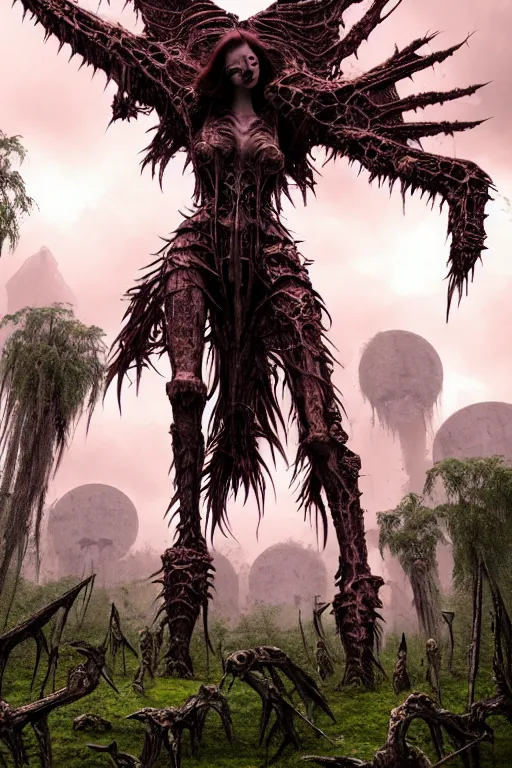 Prompt: post - gothic giant manananggal, exoskeleton armor screaming, dystopian ruins covered in vegetation, highly detailed smooth digital art masterpiece, vitaly bulgarov giger dramatic pink light, ground angle hd 8 k, sharp focus