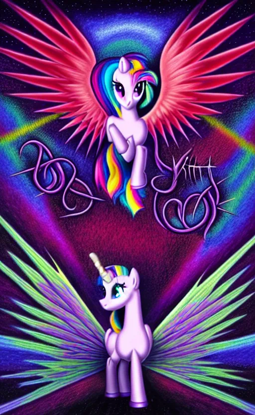 Image similar to my little pony on tool album cover, 8 k resolution hyperdetailed, surrealism style of alex grey, extremely high quality