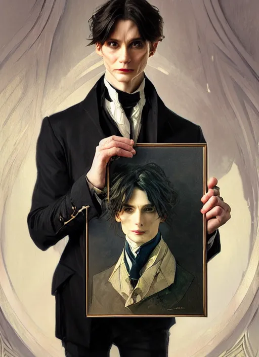 Image similar to a painter holding a portrait painting of dorian gray, digital painting, artstation, concept art, smooth, sharp focus, illustration, art by artgerm and greg rutkowski and alphonse mucha