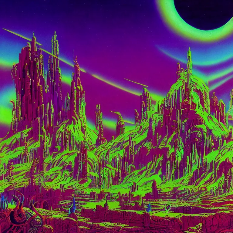 Image similar to psychedelic eternal aurora radiating over desolate ancient ruins, bright neon colors, highly detailed, cinematic, eyvind earle, tim white, philippe druillet, roger dean, lisa frank, aubrey beardsley