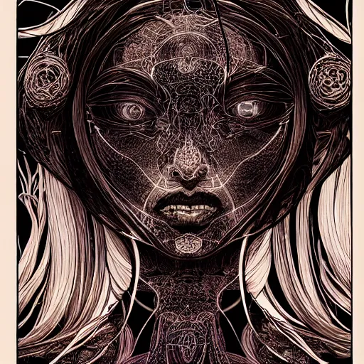 Image similar to holographic headset interface painted in alex grey style drawn by vania zouravliov, inspired by ooioo and sorayama and ikeuchi, intricate manga drawing, black and white, 3 d, high detail, sharp high detail, artstation, octane