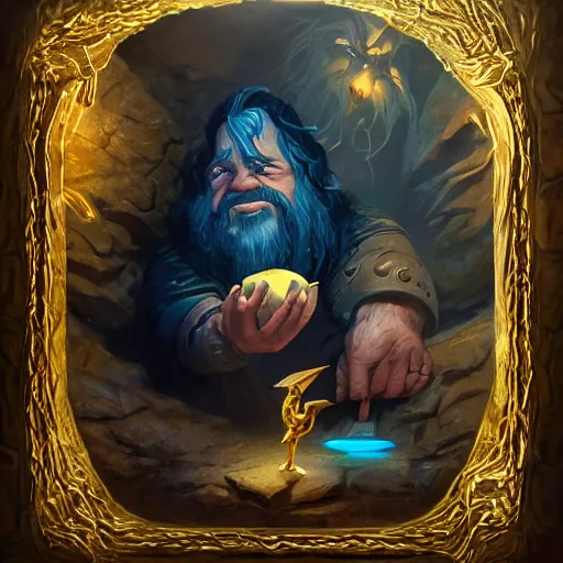 Prompt: portrait of a dwarf showing off the humongous raw gold nugget with organically sculpted lines, realistic, beautiful, fantasy art, dnd, lord of the rings, mid - shot, moody lighting, by eyvind earle, wlop, artgerm, concept art, sharp focus, ray tracing