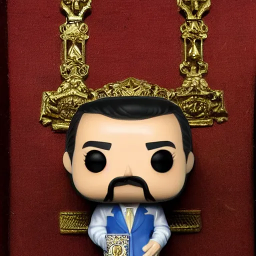 Image similar to A funko pop of Spanish king Juan Carlos with a bag of money on his hands