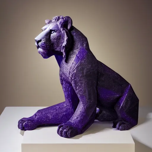 Prompt: a sculpture of a lion made out of dark purple mica